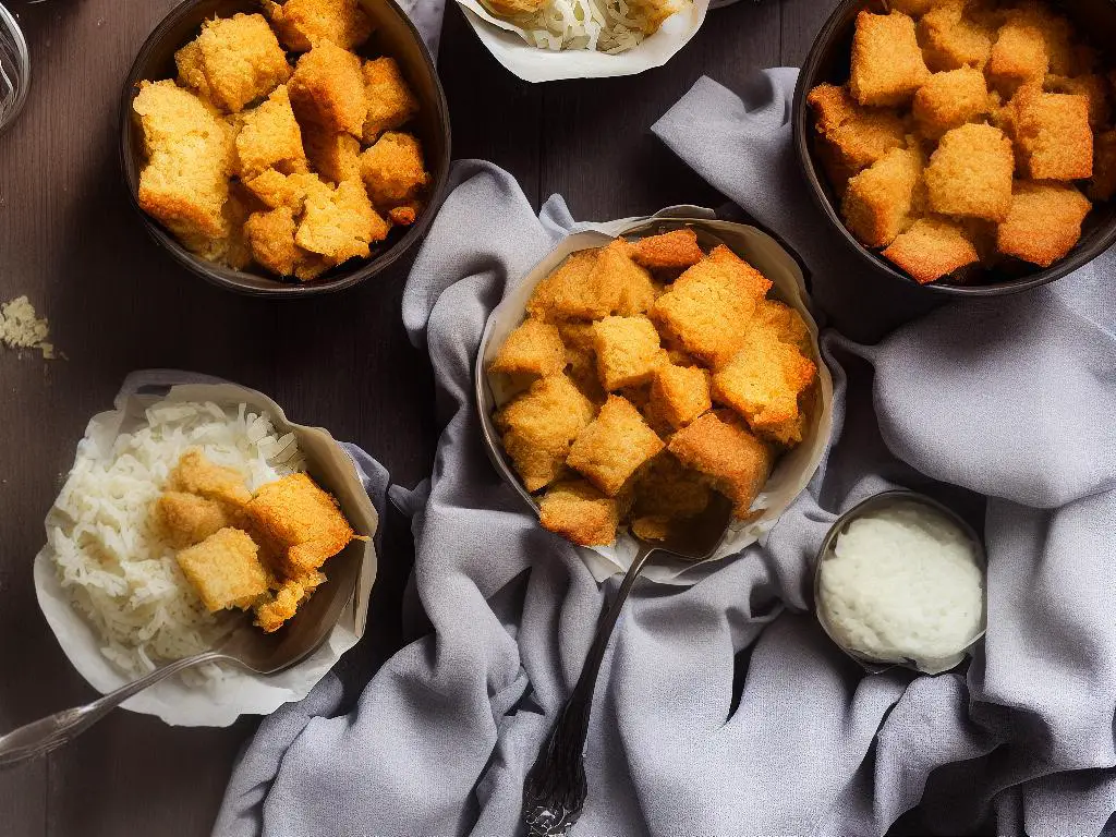 The image shows a bowl of fluffy baked goods with a tablecloth background.