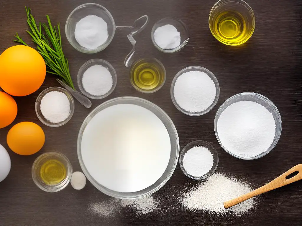 An image of white vinegar and a box of baking soda on a table with a bowl and utensils nearby, representing the ingredients and preparation for using vinegar and baking soda as egg substitutes in vegan baking.