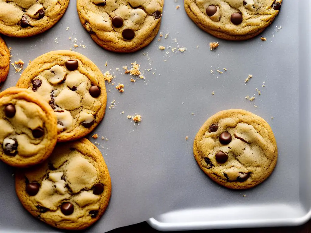 A stack of cookies on a Vollrath cookie sheet with a spatula beside them