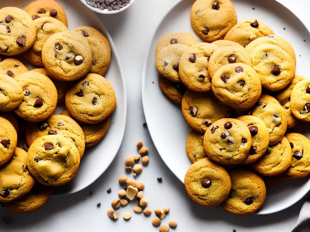 A plate filled with golden-brown cookies with chunks of macadamia nuts and white chocolate chips.