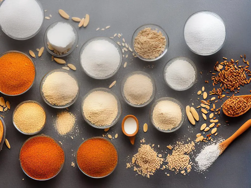 A variety of flours, including whole wheat, rice, coconut, and almond, sits on a white background.